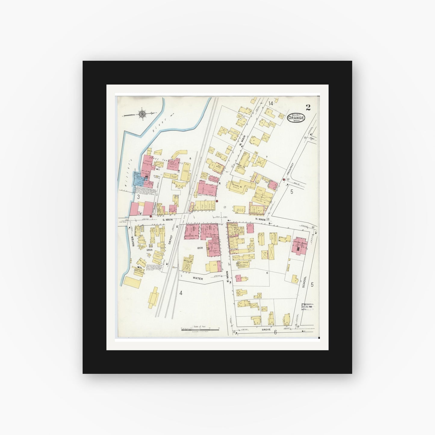 Old map wall art mockup — black gallery frame with white mat — Sanborn Fire Insurance Map from Orange, Franklin County, Massachusetts (1917), Sheet #0002