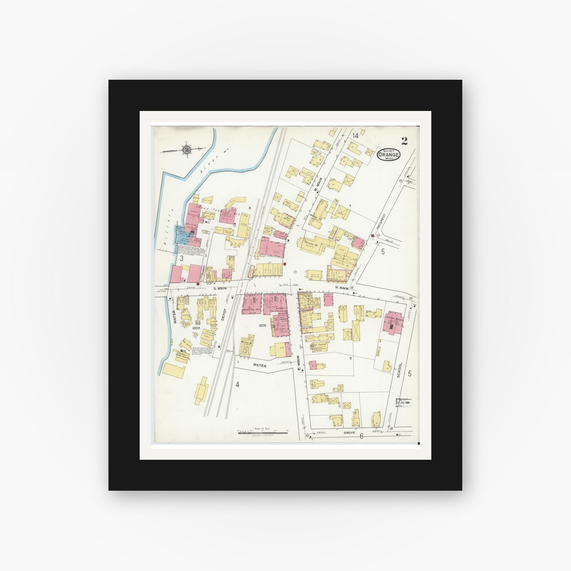Old map wall art mockup — black gallery frame with white mat — Sanborn Fire Insurance Map from Orange, Franklin County, Massachusetts (1917), Sheet #0002