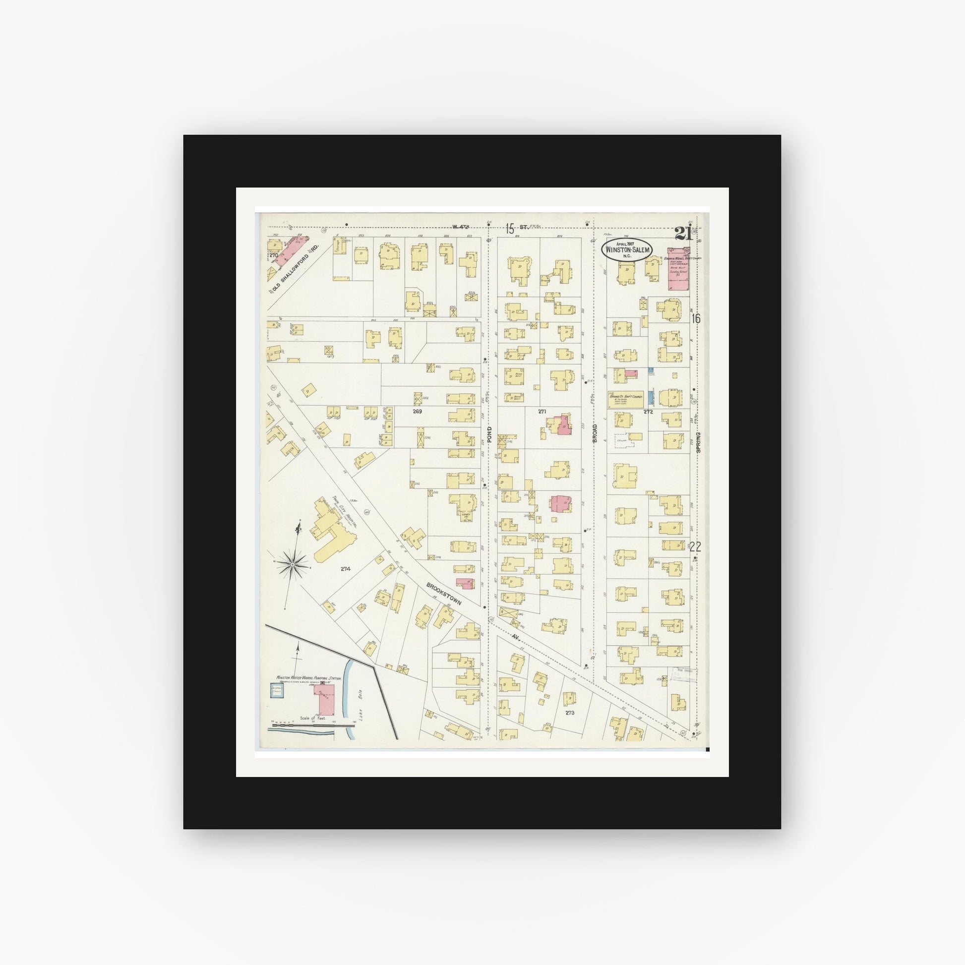 Old map wall art mockup — black gallery frame with white mat — Sanborn Fire Insurance Map from Winston-Salem, Forsyth County, North Carolina (1907), Sheet #0021