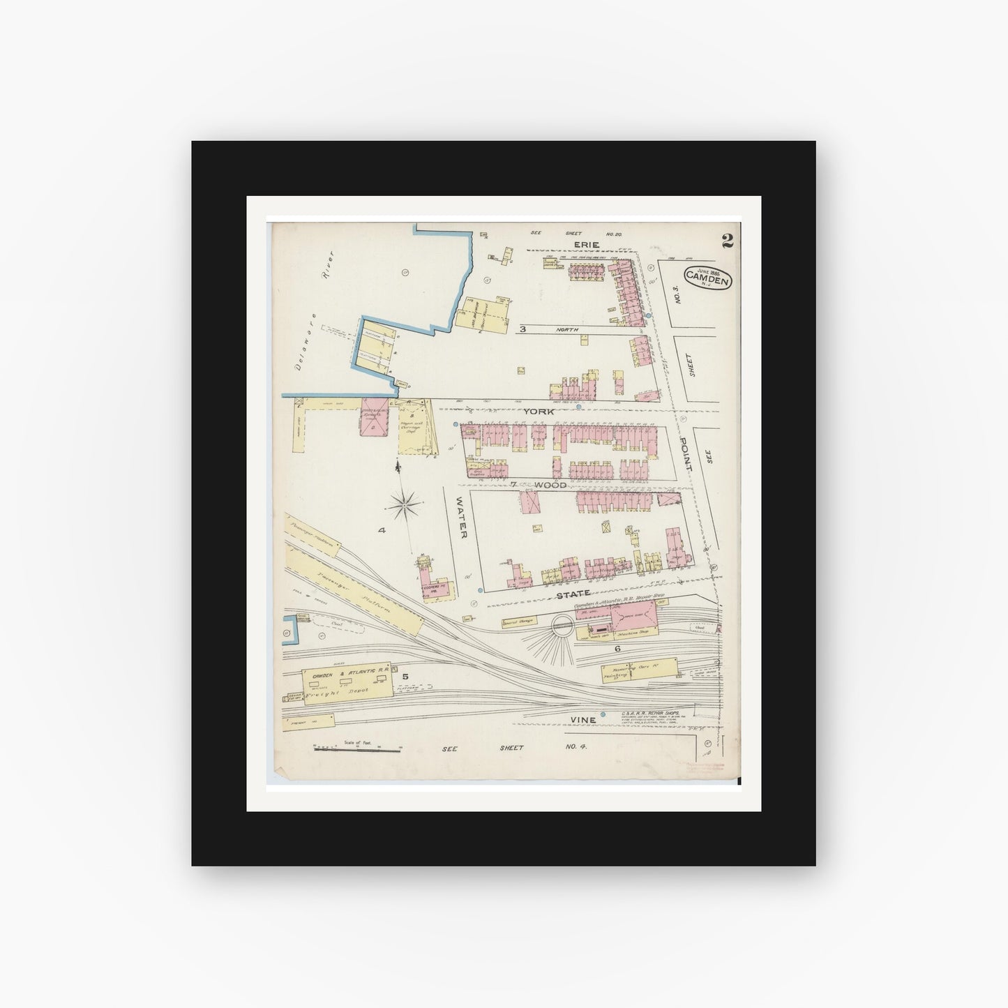 Old map wall art mockup — black gallery frame with white mat — Sanborn Fire Insurance Map from Camden, Camden County, New Jersey (1885), Sheet #0002