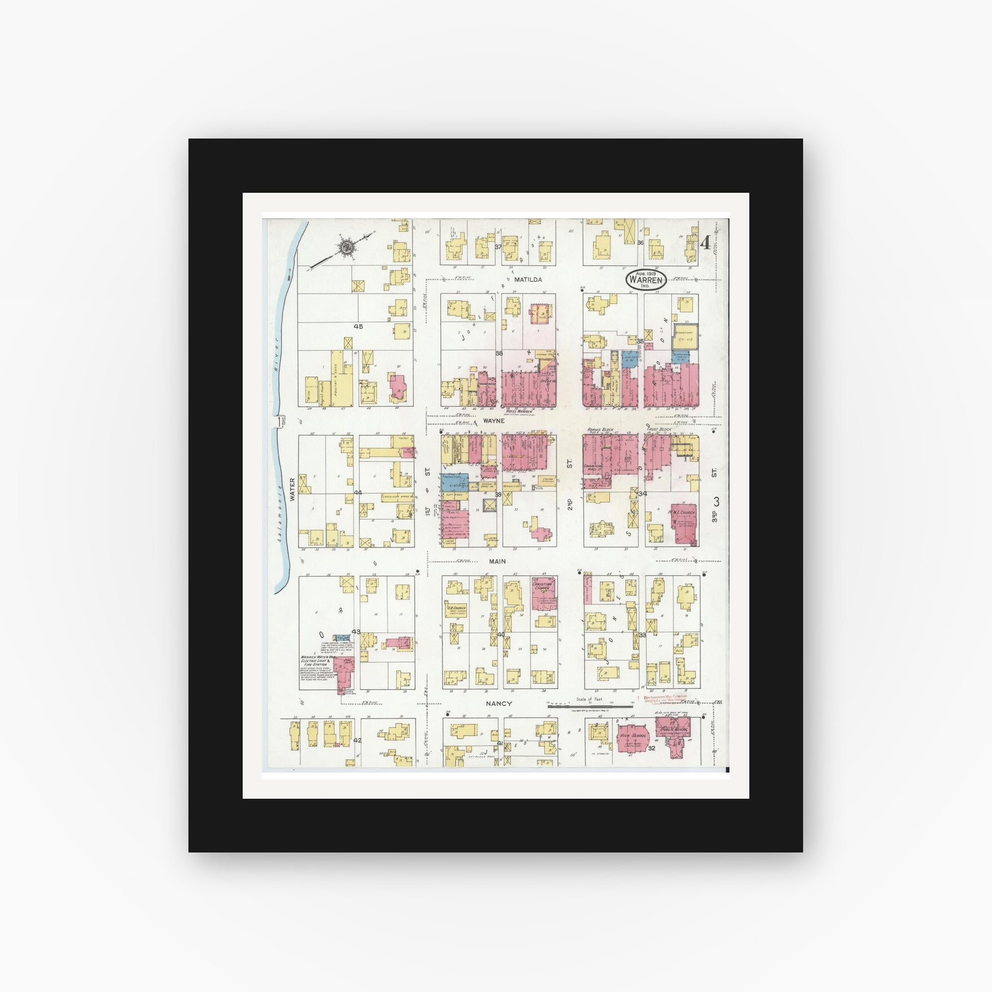 Old map wall art mockup — black gallery frame with white mat — Sanborn Fire Insurance Map from Warren, Huntington County, Indiana (1919), Sheet #0004