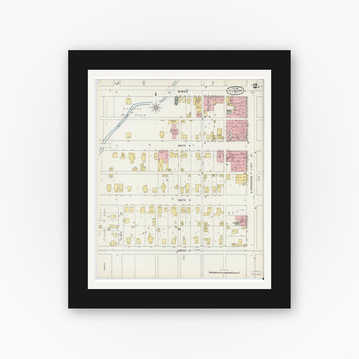 Old map wall art mockup — black gallery frame with white mat — Sanborn Fire Insurance Map from Elwood, Madison County, Indiana (1895), Sheet #0002