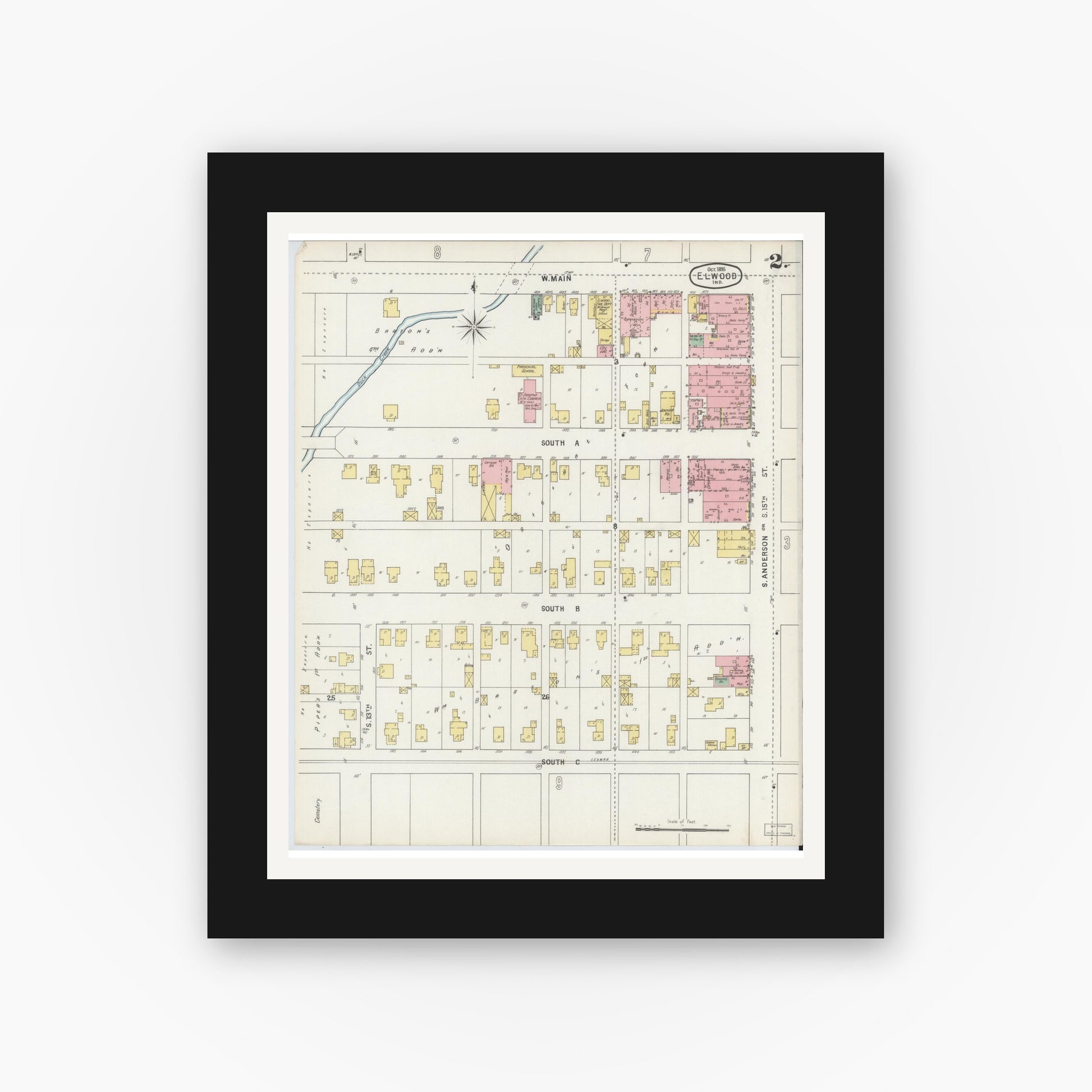 Old map wall art mockup — black gallery frame with white mat — Sanborn Fire Insurance Map from Elwood, Madison County, Indiana (1895), Sheet #0002