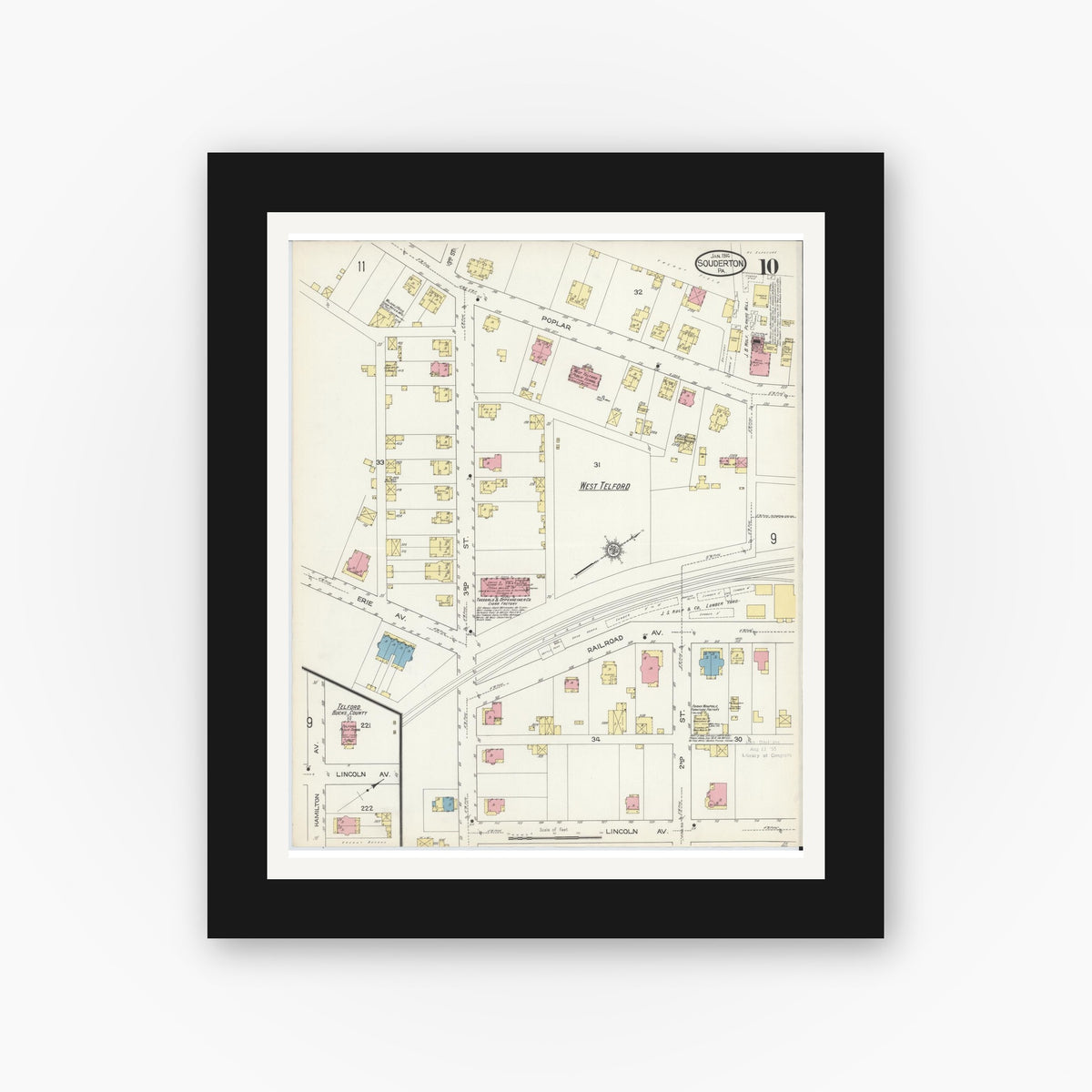 Old map wall art mockup — black gallery frame with white mat — Sanborn Fire Insurance Map from Souderton, Montgomery County, Pennsylvania (1914), Sheet #0010