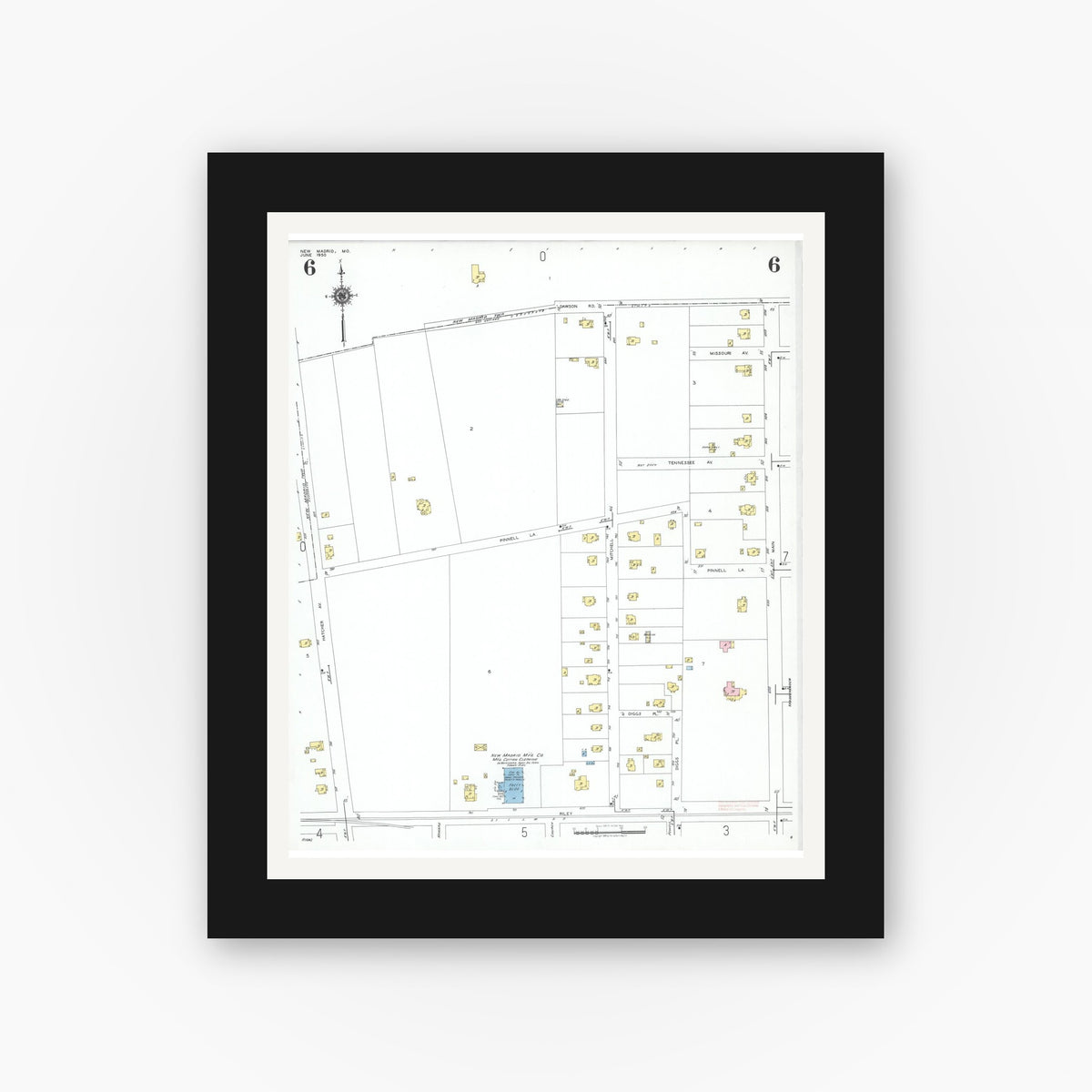 Old map wall art mockup — black gallery frame with white mat — Sanborn Fire Insurance Map from New Madrid, New Madrid County, Missouri (1950), Sheet #0006