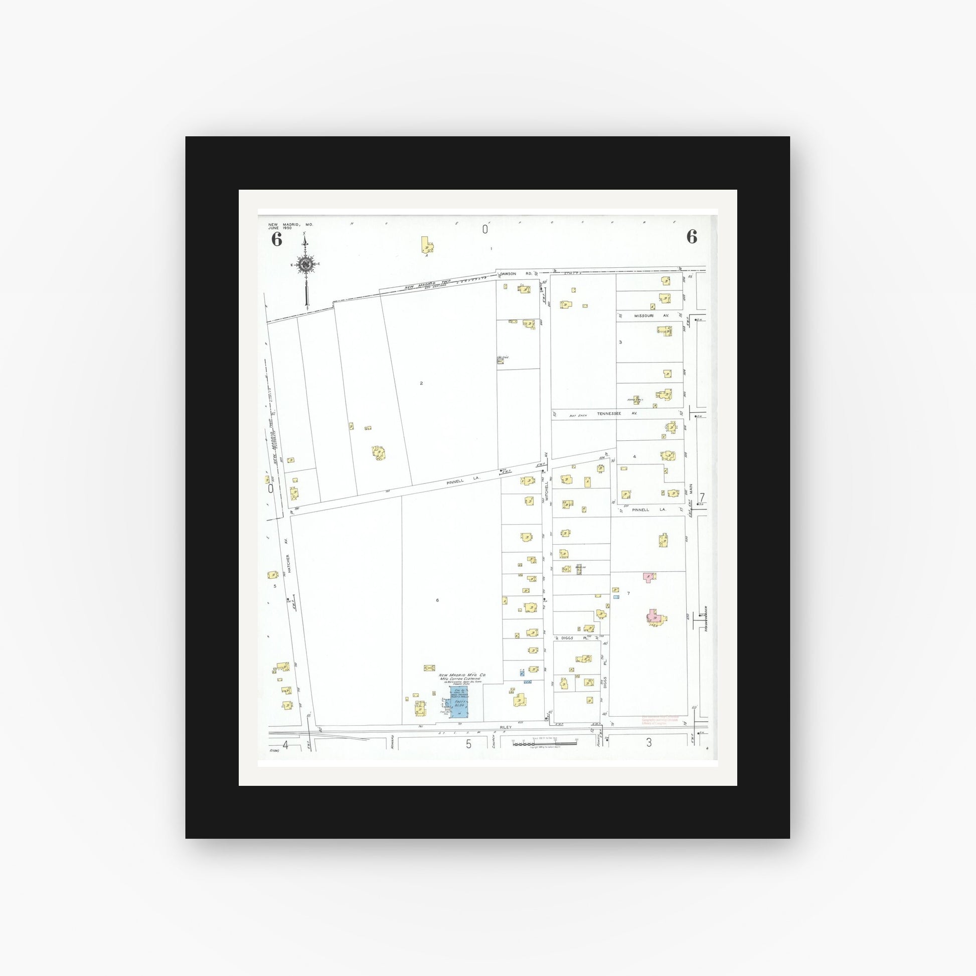 Old map wall art mockup — black gallery frame with white mat — Sanborn Fire Insurance Map from New Madrid, New Madrid County, Missouri (1950), Sheet #0006