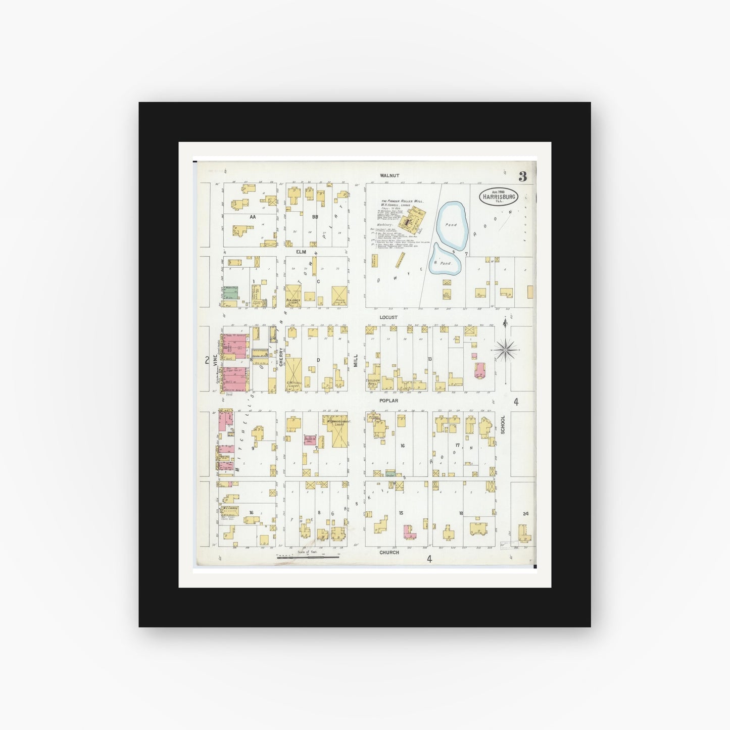 Old map wall art mockup — black gallery frame with white mat — Sanborn Fire Insurance Map from Harrisburg, Saline County, Illinois (1900), Sheet #0003