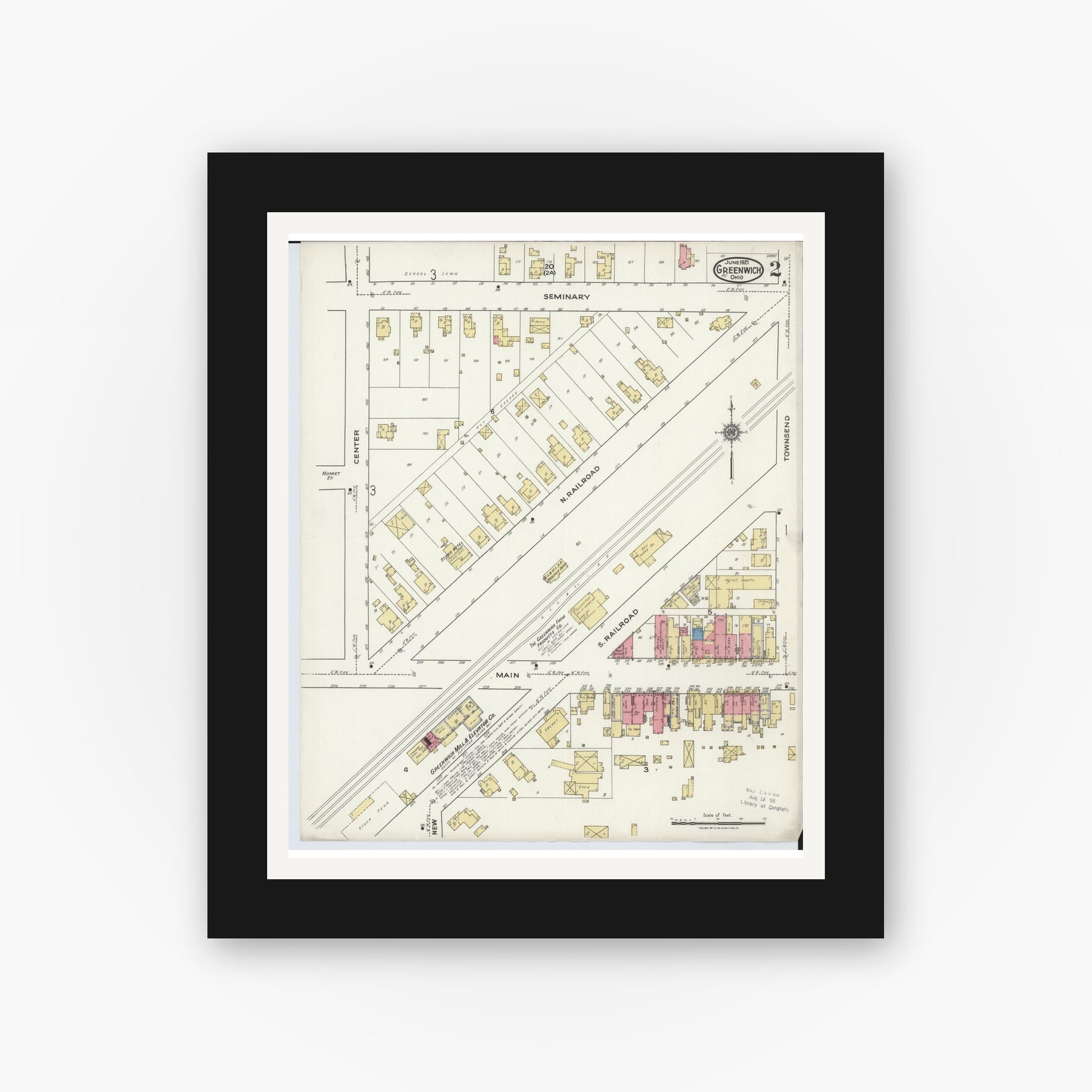 Old map wall art mockup — black gallery frame with white mat — Sanborn Fire Insurance Map from Greenwich, Huron County, Ohio (1921), Sheet #0002