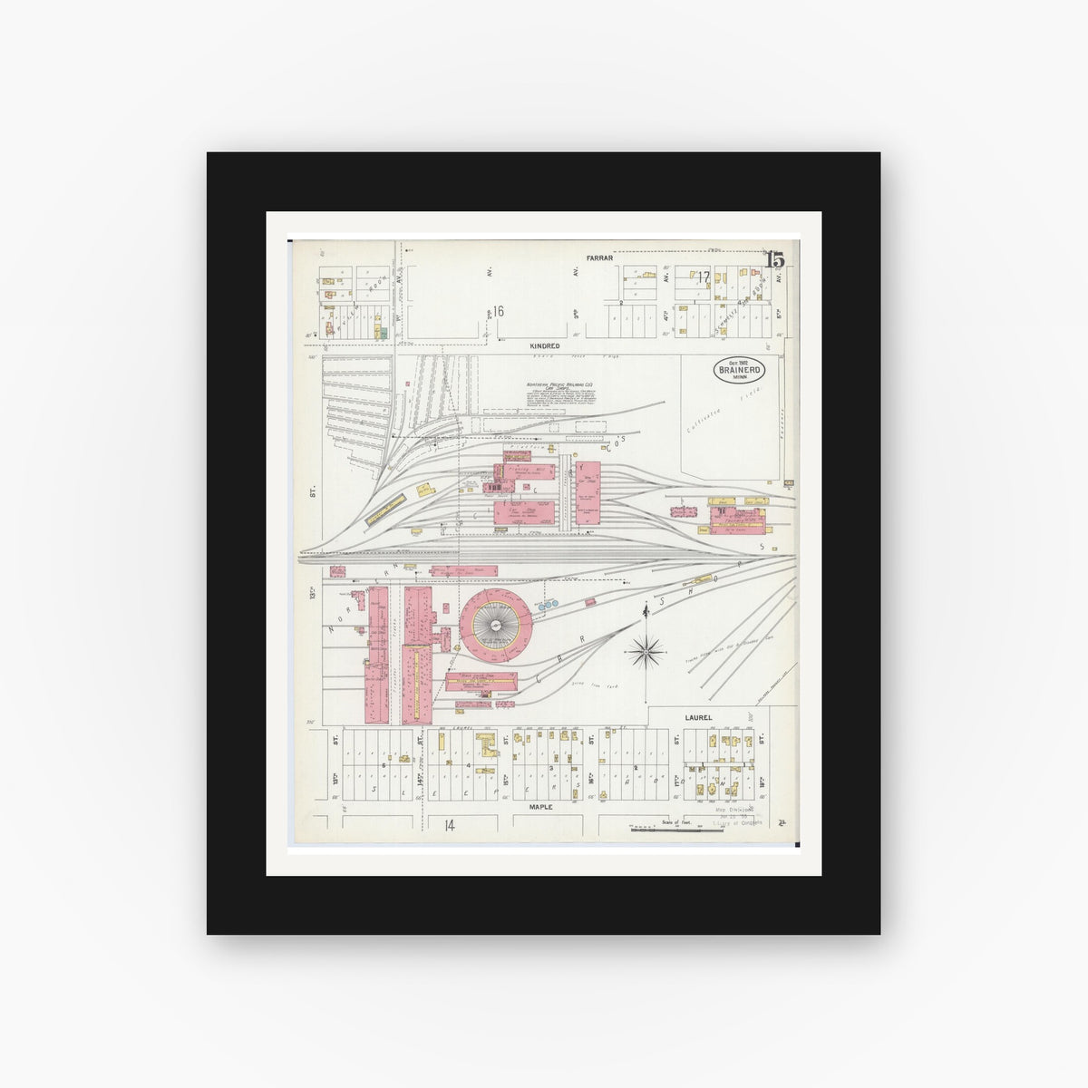 Old map wall art mockup — black gallery frame with white mat — Sanborn Fire Insurance Map from Brainerd, Crow Wing County, Minnesota (1902), Sheet #0015