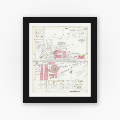 Old map wall art mockup — black gallery frame with white mat — Sanborn Fire Insurance Map from Brainerd, Crow Wing County, Minnesota (1902), Sheet #0015