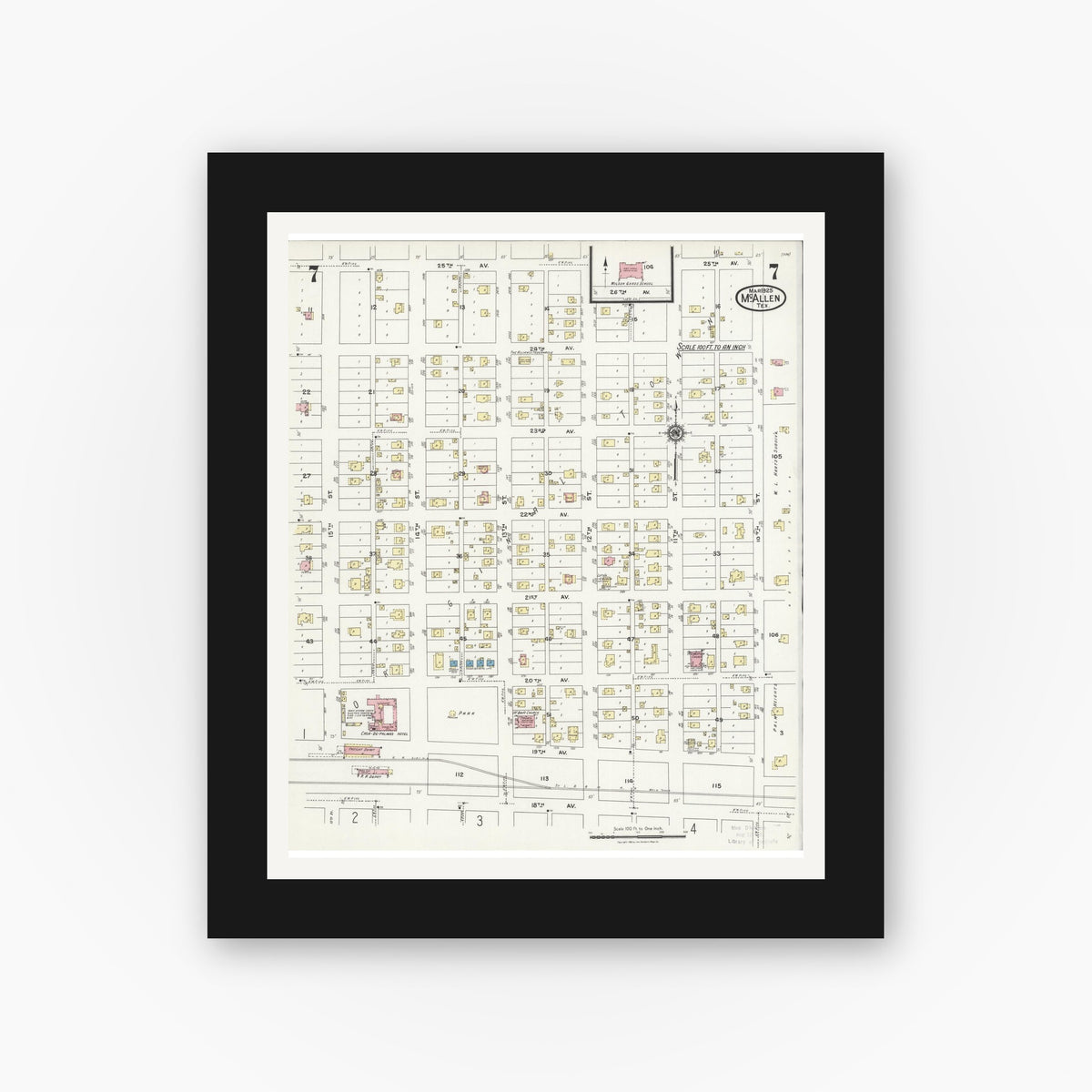 Old map wall art mockup — black gallery frame with white mat — Sanborn Fire Insurance Map from McAllen, Hidalgo County, Texas (1925), Sheet #0007