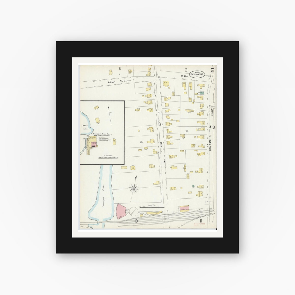 Old map wall art mockup — black gallery frame with white mat — Sanborn Fire Insurance Map from Patchogue, Suffolk County, New York (1897), Sheet #0007