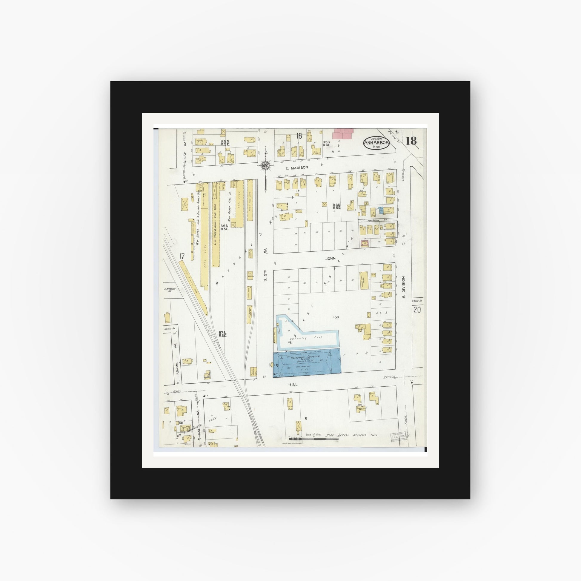 Old map wall art mockup — black gallery frame with white mat — Sanborn Fire Insurance Map from Ann Arbor, Washtenaw County, Michigan (1916), Sheet #0018