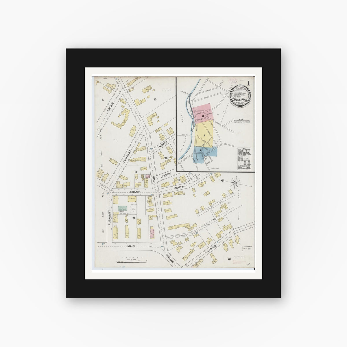 Old map wall art mockup — black gallery frame with white mat — Sanborn Fire Insurance Map from South Hadley Falls, Hampshire County, Massachusetts (1889) - Complete Map Set