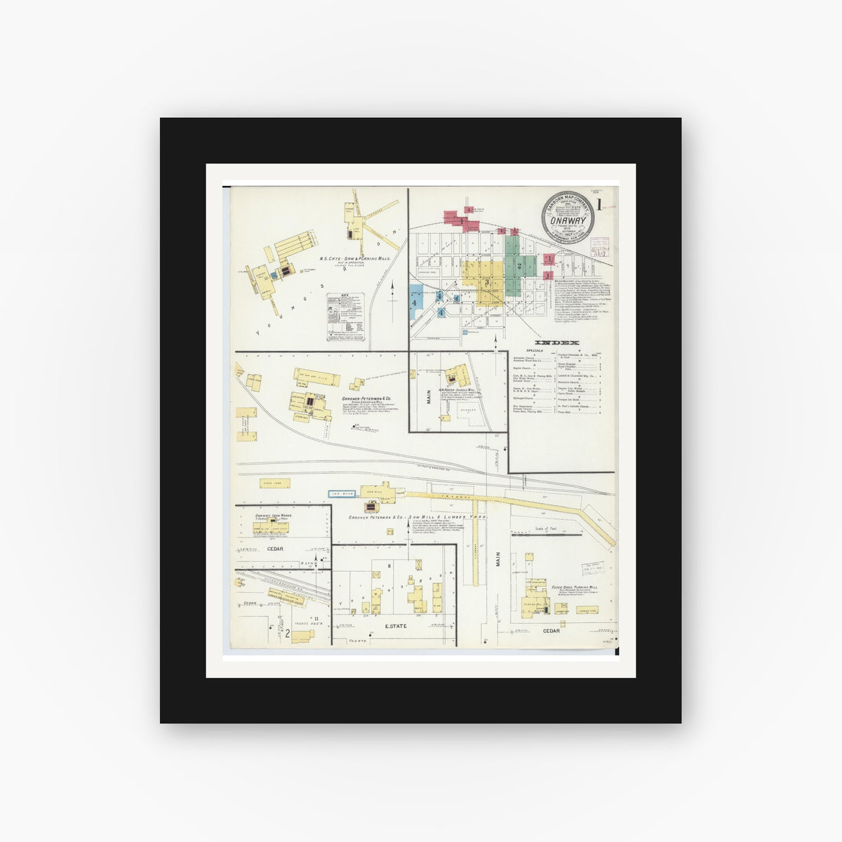 Old map wall art mockup — black gallery frame with white mat — Sanborn Fire Insurance Map from Onaway, Presque Isle County, Michigan (1907), Sheet #0001