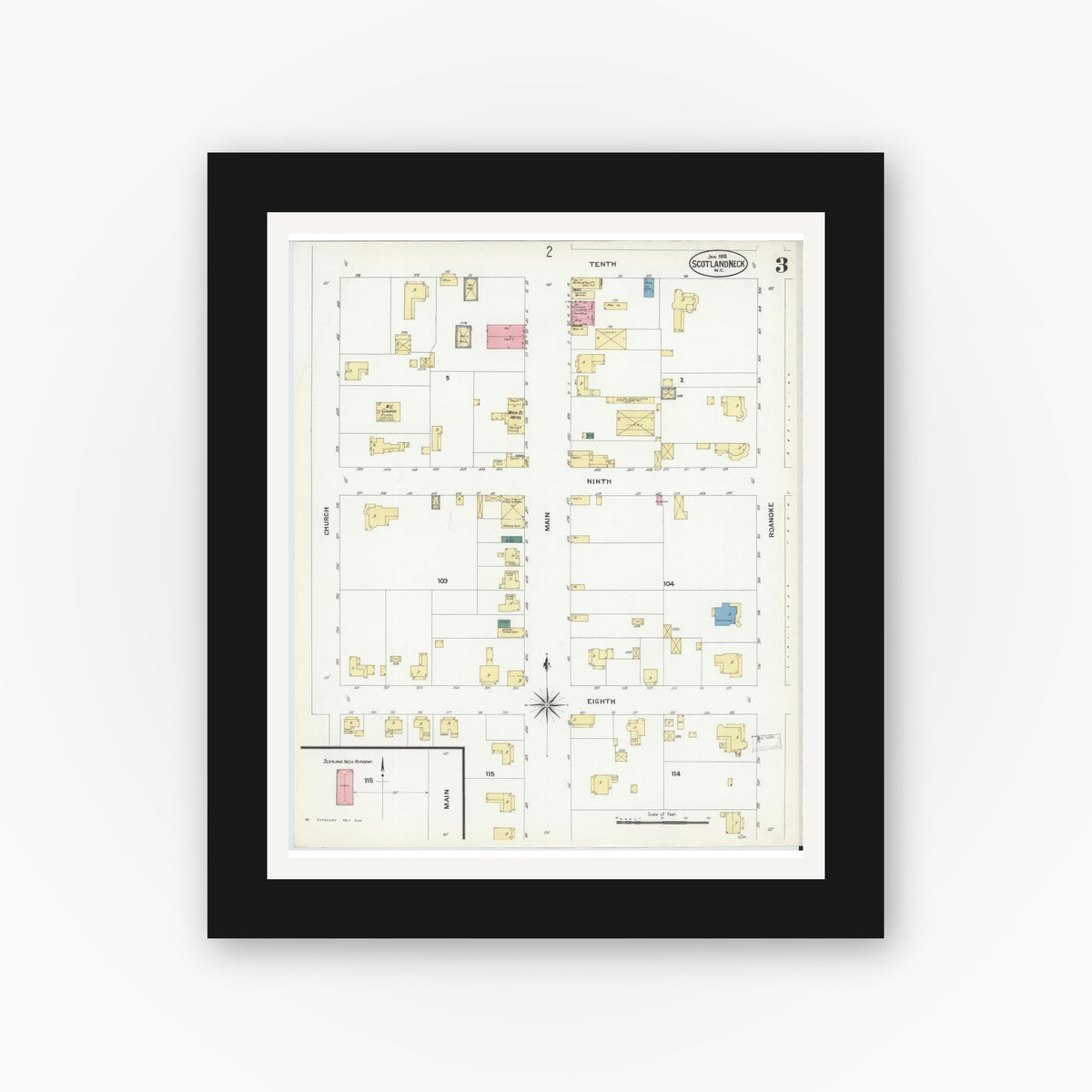 Old map wall art mockup — black gallery frame with white mat — Sanborn Fire Insurance Map from Scotland Neck, Halifax County, North Carolina (1908), Sheet #0003