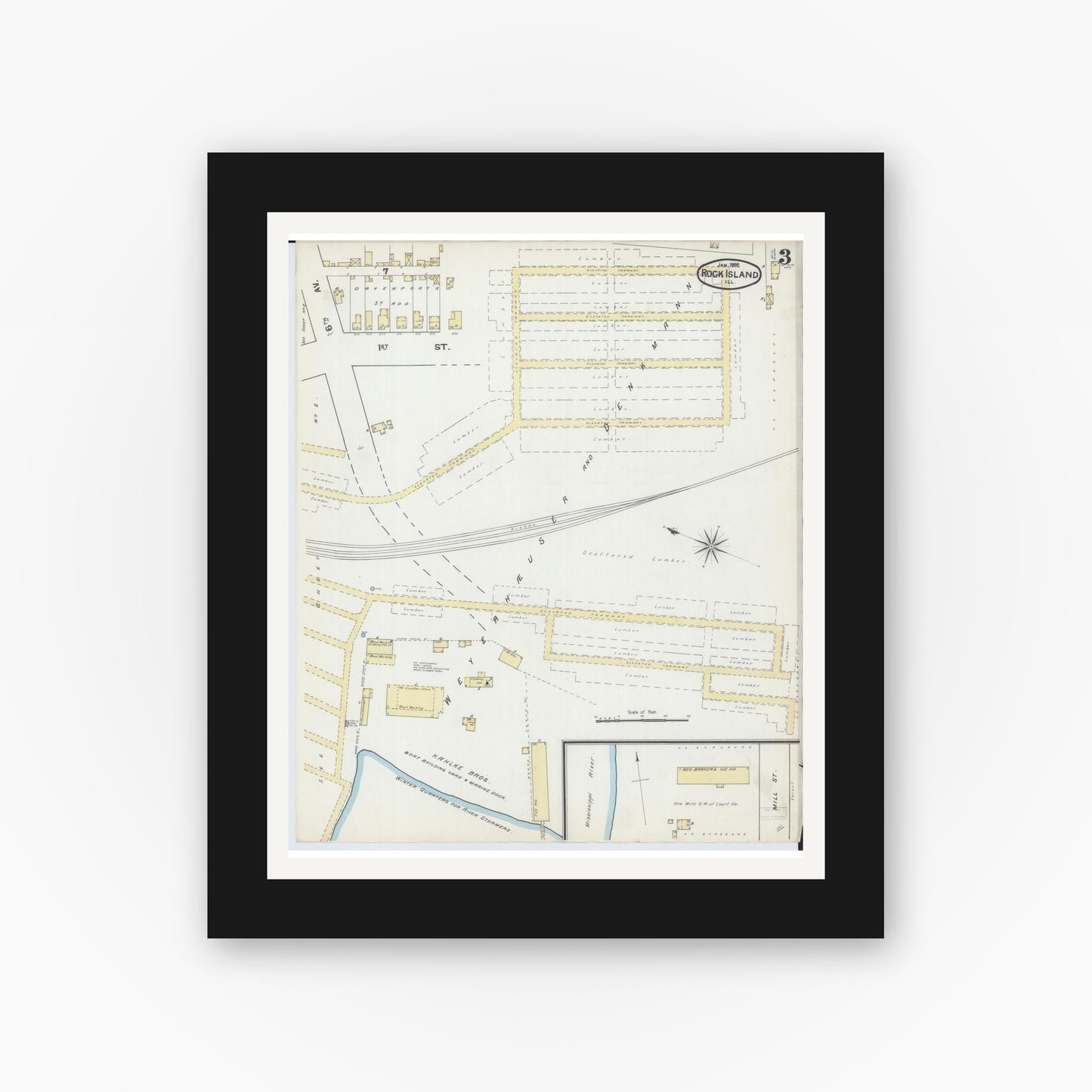 Old map wall art mockup — black gallery frame with white mat — Sanborn Fire Insurance Map from Rock Island, Rock Island County, Illinois (1892), Sheet #0003