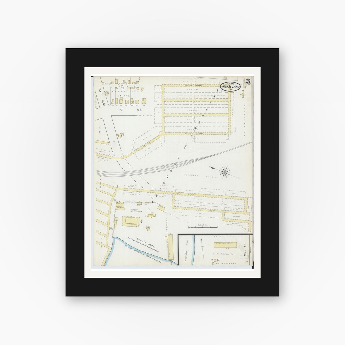 Old map wall art mockup — black gallery frame with white mat — Sanborn Fire Insurance Map from Rock Island, Rock Island County, Illinois (1892), Sheet #0003