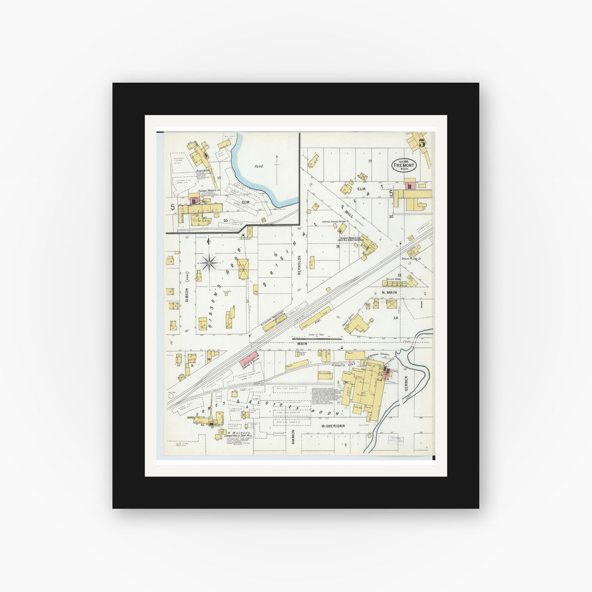 Old map wall art mockup — black gallery frame with white mat — Sanborn Fire Insurance Map from Fremont, Newaygo County, Michigan (1899), Sheet #0005