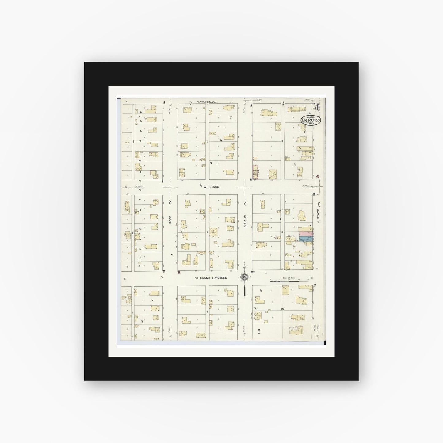 Old map wall art mockup — black gallery frame with white mat — Sanborn Fire Insurance Map from Big Rapids, Mecosta County, Michigan (1914), Sheet #0004
