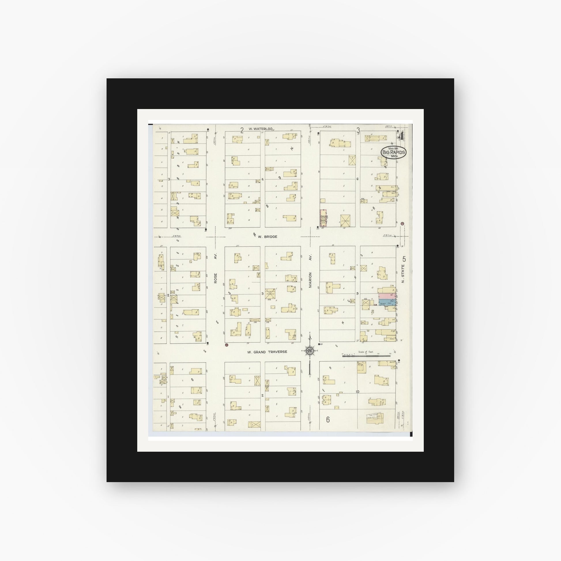 Old map wall art mockup — black gallery frame with white mat — Sanborn Fire Insurance Map from Big Rapids, Mecosta County, Michigan (1914), Sheet #0004