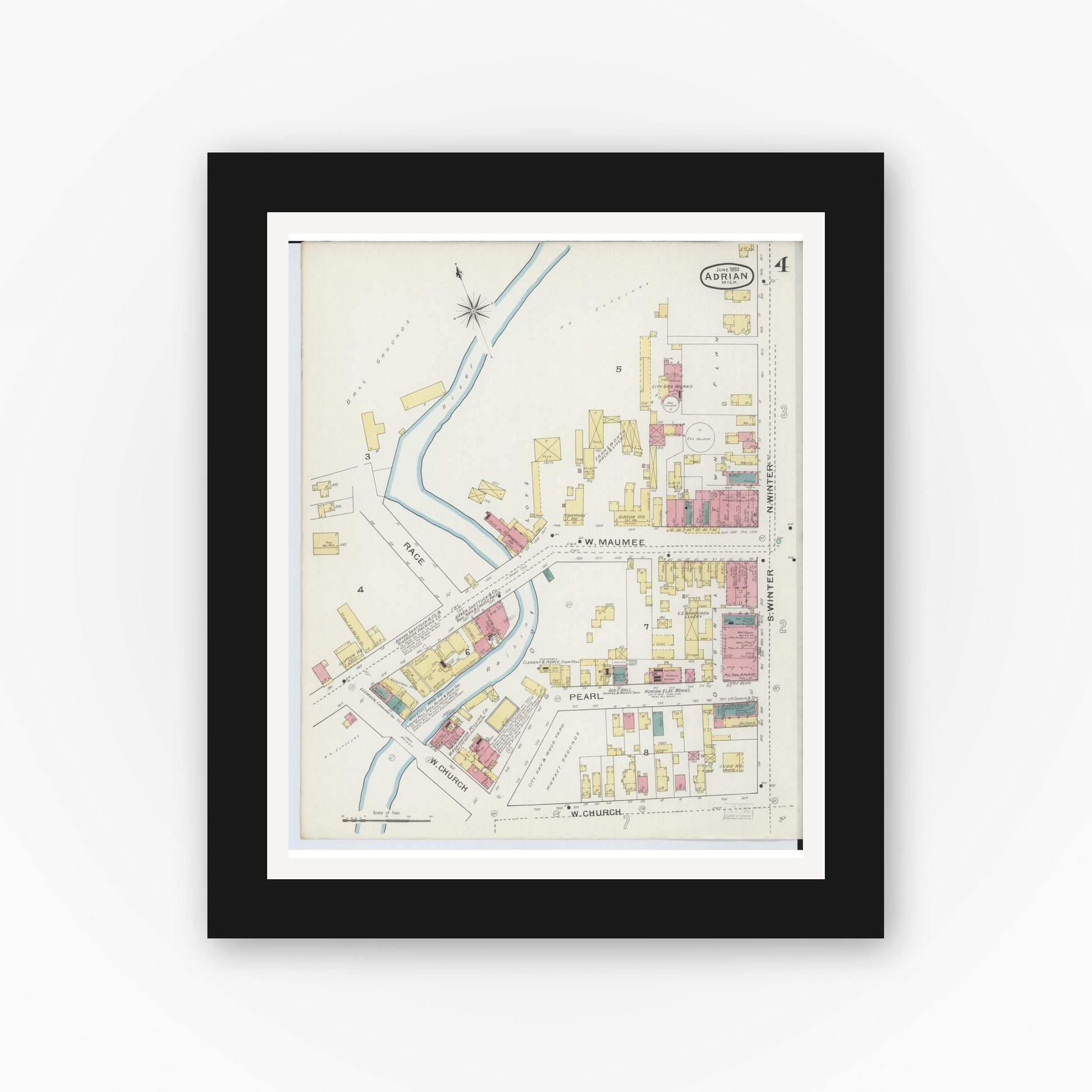 Old map wall art mockup — black gallery frame with white mat — Sanborn Fire Insurance Map from Adrian, Lenawee County, Michigan (1893), Sheet #0004