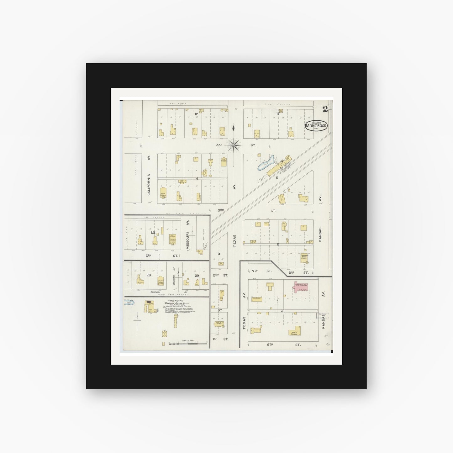 Old map wall art mockup — black gallery frame with white mat — Sanborn Fire Insurance Map from Montrose, Henry County, Missouri (1894), Sheet #0002