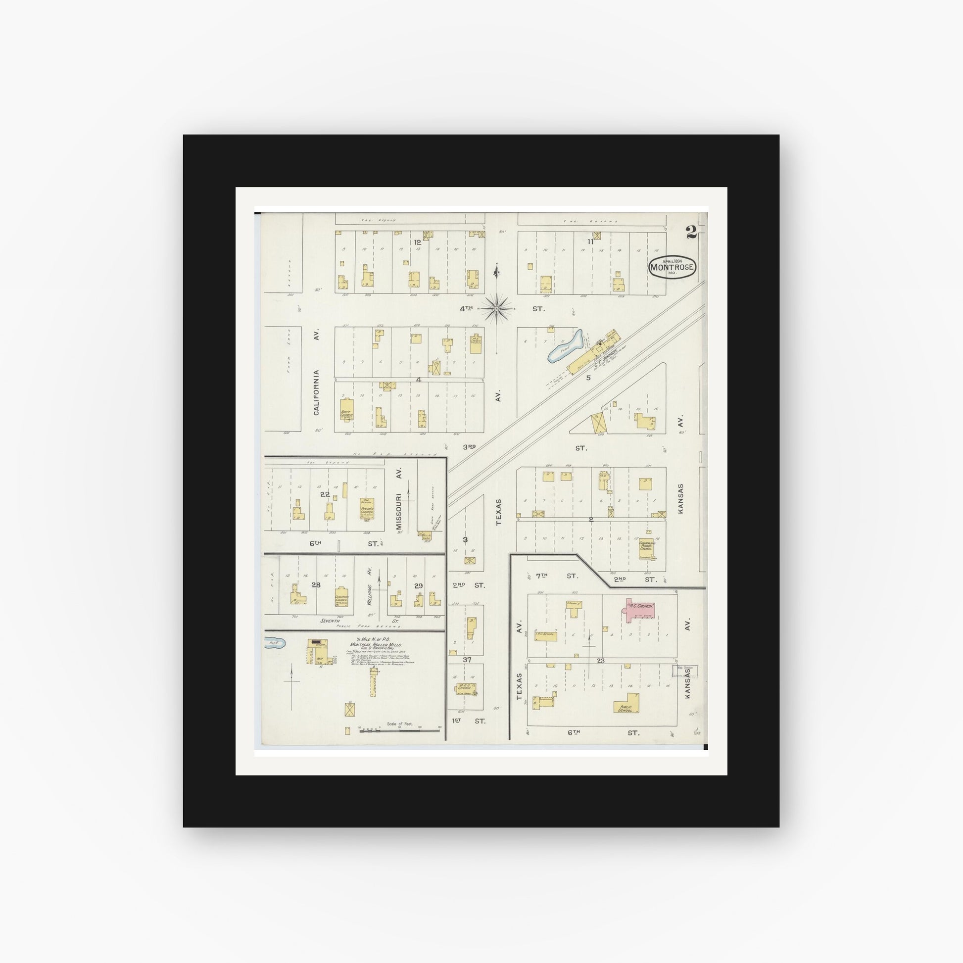 Old map wall art mockup — black gallery frame with white mat — Sanborn Fire Insurance Map from Montrose, Henry County, Missouri (1894), Sheet #0002