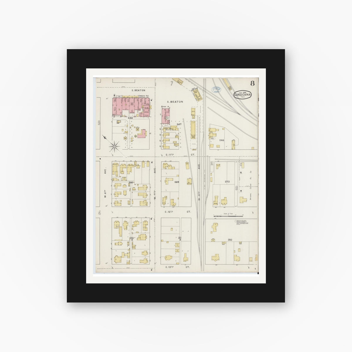 Old map wall art mockup — black gallery frame with white mat — Sanborn Fire Insurance Map from Corsicana, Navarro County, Texas (1894), Sheet #0008
