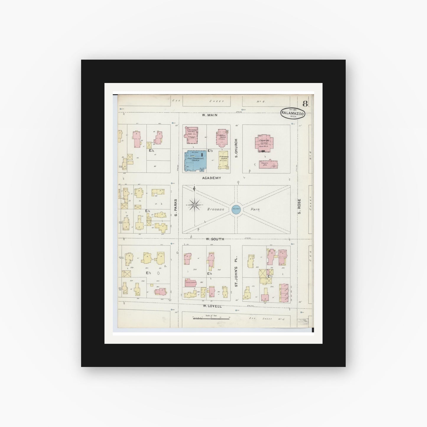 Old map wall art mockup — black gallery frame with white mat — Sanborn Fire Insurance Map from Kalamazoo, Kalamazoo County, Michigan (1891), Sheet #0008