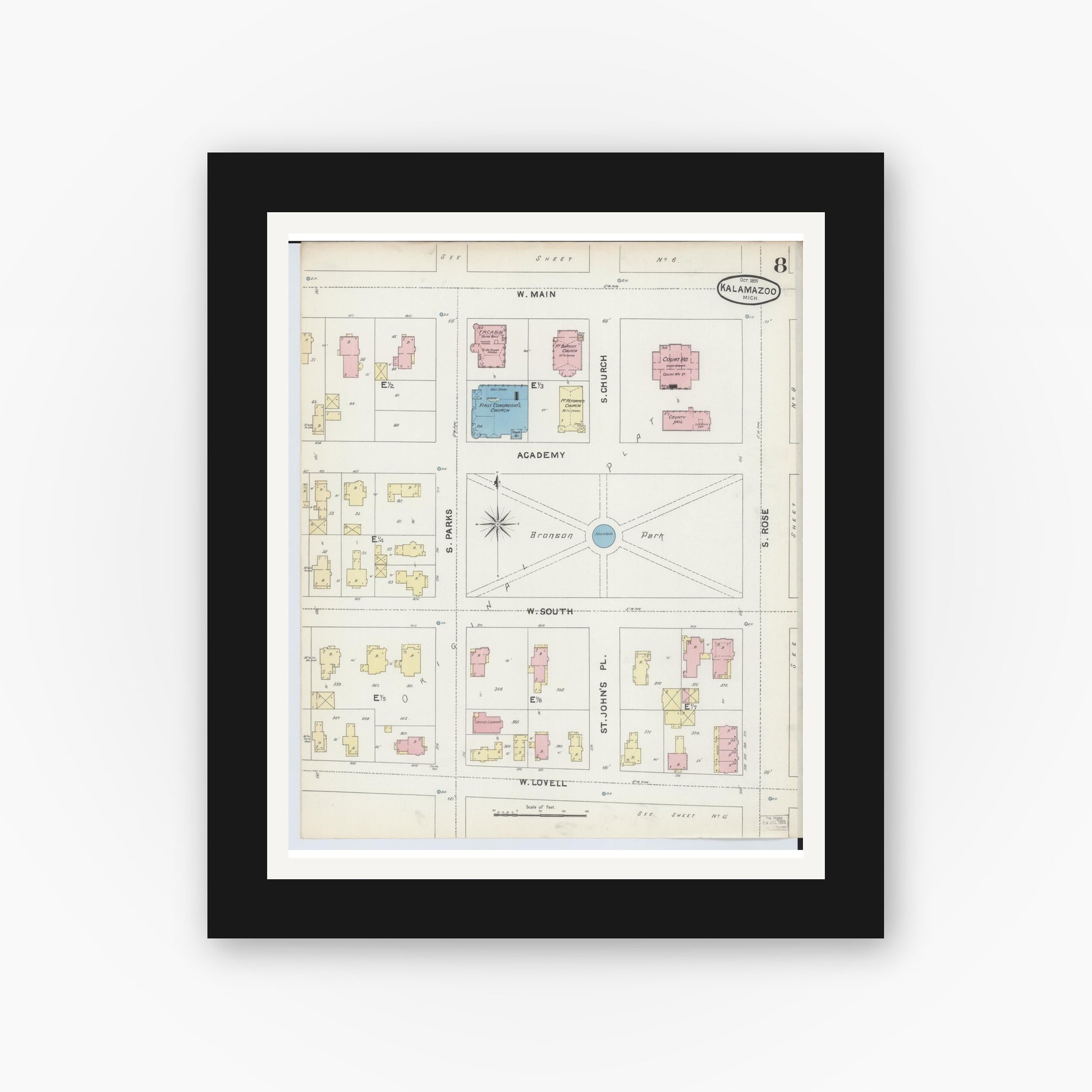 Old map wall art mockup — black gallery frame with white mat — Sanborn Fire Insurance Map from Kalamazoo, Kalamazoo County, Michigan (1891), Sheet #0008