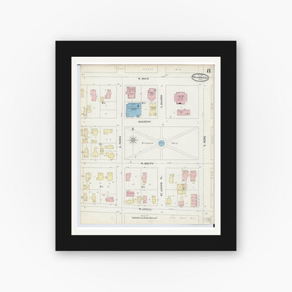 Old map wall art mockup — black gallery frame with white mat — Sanborn Fire Insurance Map from Kalamazoo, Kalamazoo County, Michigan (1891), Sheet #0008