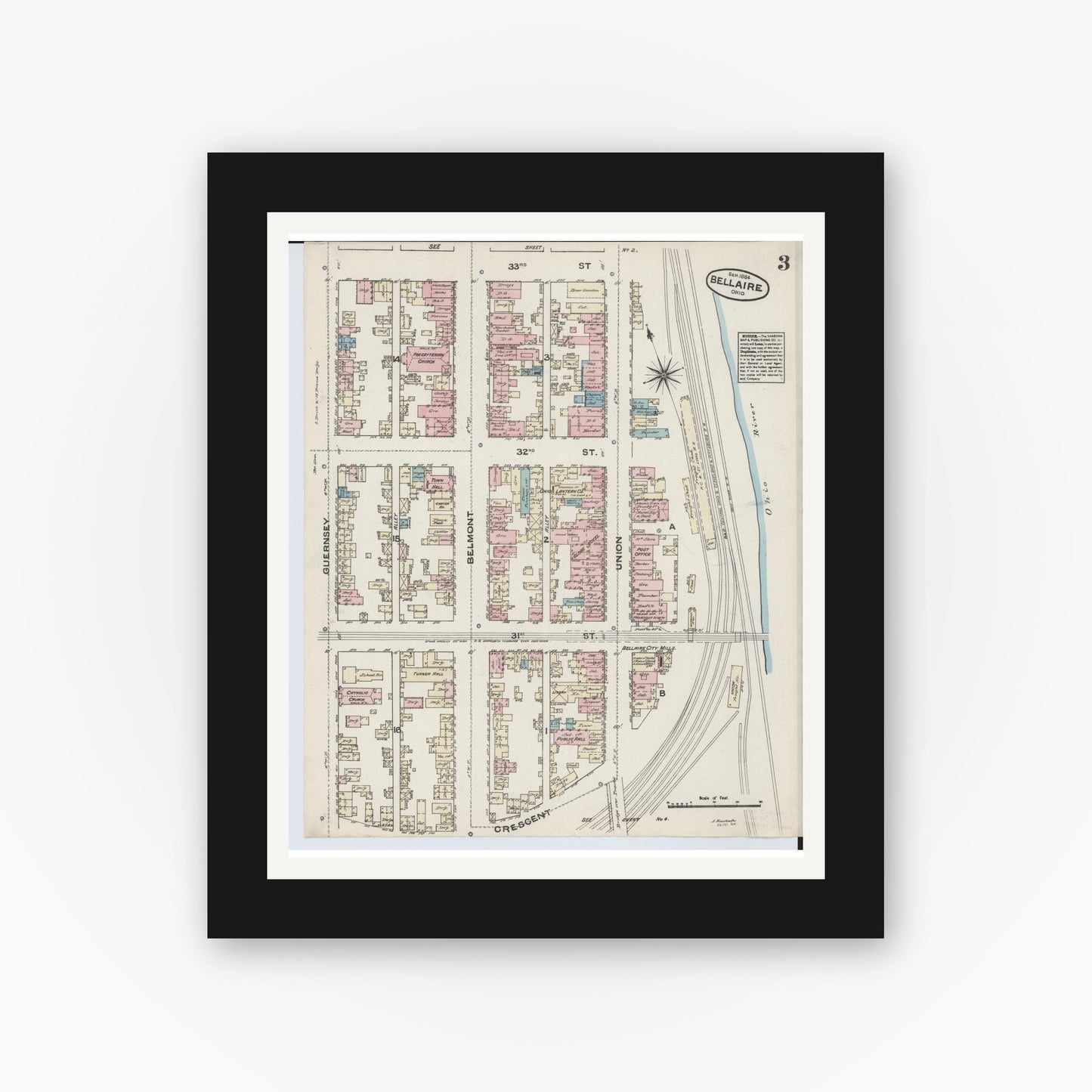 Old map wall art mockup — black gallery frame with white mat — Sanborn Fire Insurance Map from Bellaire, Belmont County, Ohio (1884), Sheet #0003