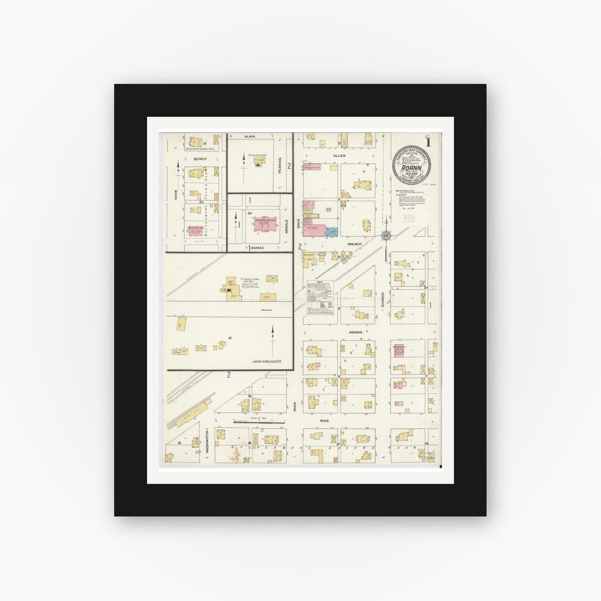 Old map wall art mockup — black gallery frame with white mat — Sanborn Fire Insurance Map from Roann, Wabash County, Indiana (1911), Sheet #0001