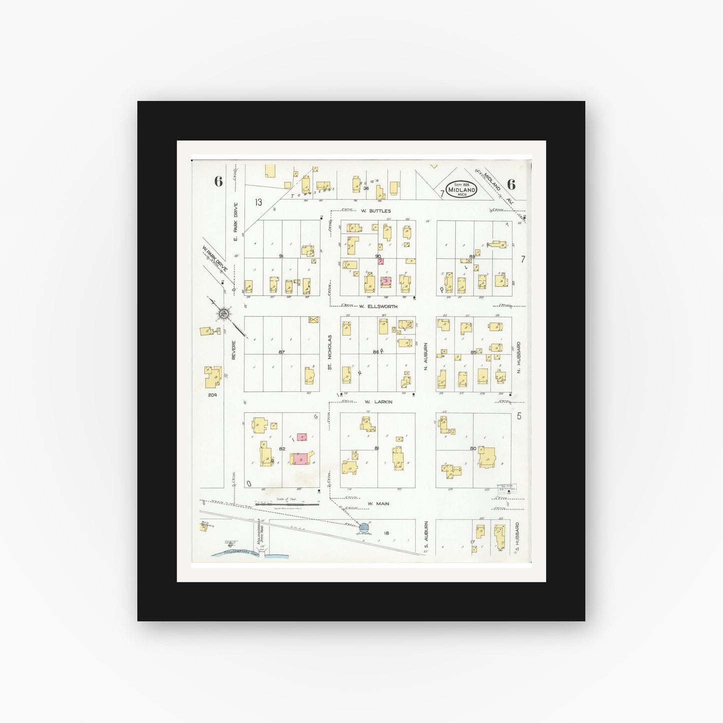 Old map wall art mockup — black gallery frame with white mat — Sanborn Fire Insurance Map from Midland, Midland County, Michigan (1926), Sheet #0006