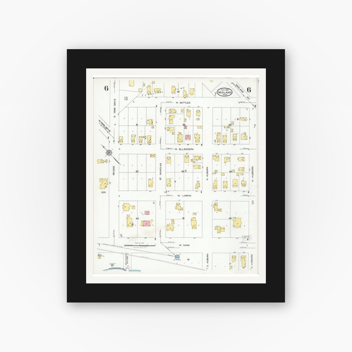 Old map wall art mockup — black gallery frame with white mat — Sanborn Fire Insurance Map from Midland, Midland County, Michigan (1926), Sheet #0006