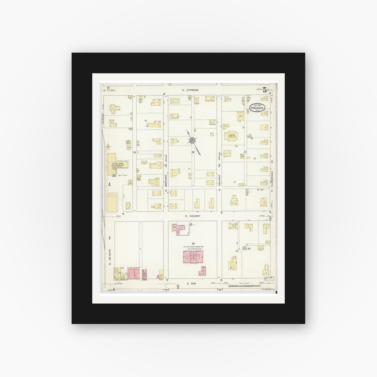 Old map wall art mockup — black gallery frame with white mat — Sanborn Fire Insurance Map from Arcadia, DeSoto County, Florida (1914), Sheet #0005