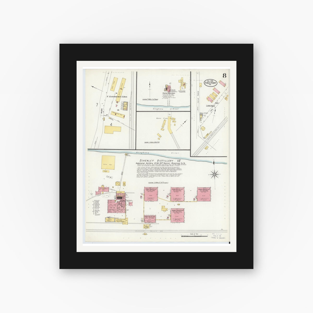 Old map wall art mockup — black gallery frame with white mat — Sanborn Fire Insurance Map from Freeport, Armstrong County, Pennsylvania (1908), Sheet #0008