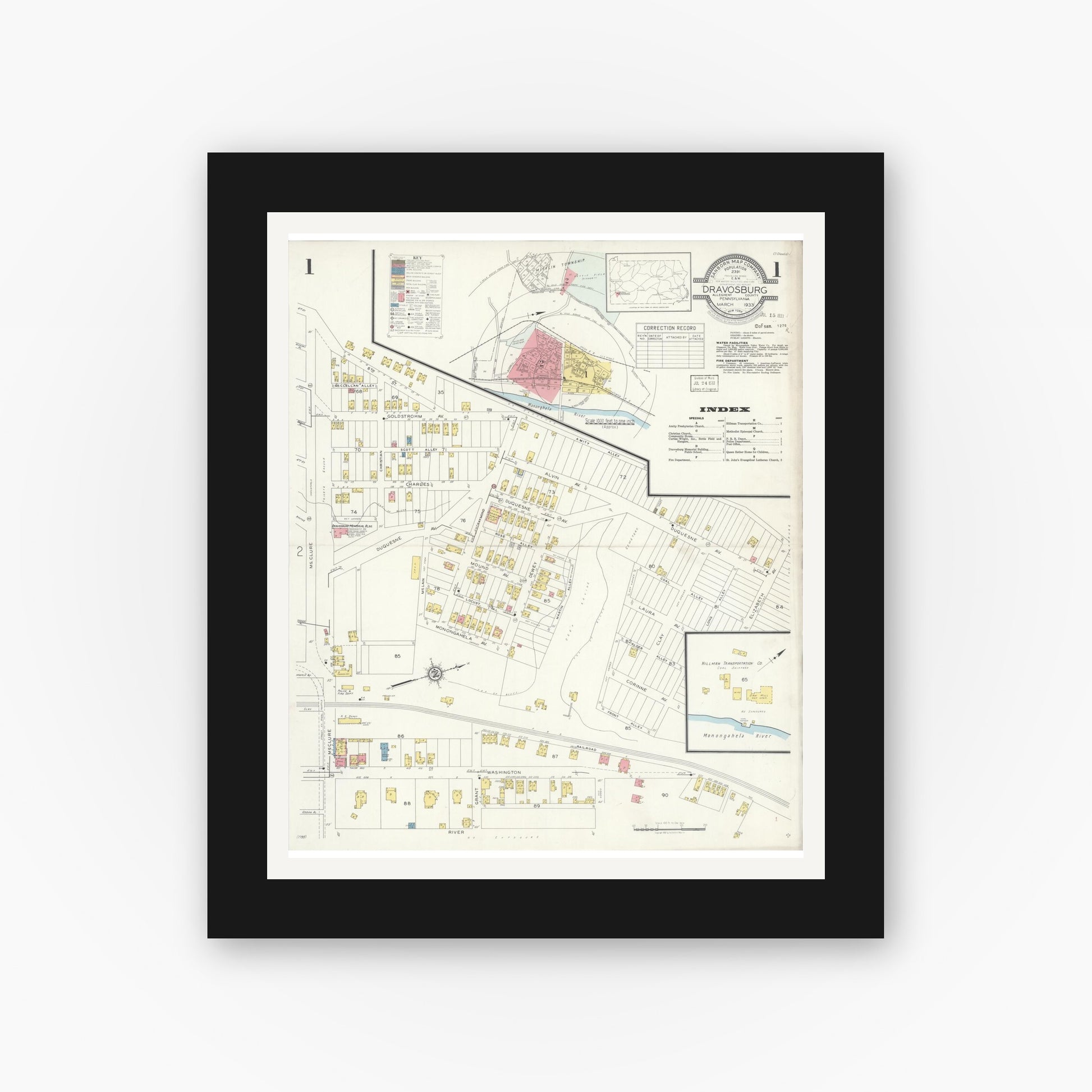 Old map wall art mockup — black gallery frame with white mat — Sanborn Fire Insurance Map from Dravosburg, Allegheny County, Pennsylvania (1933), Sheet #0001