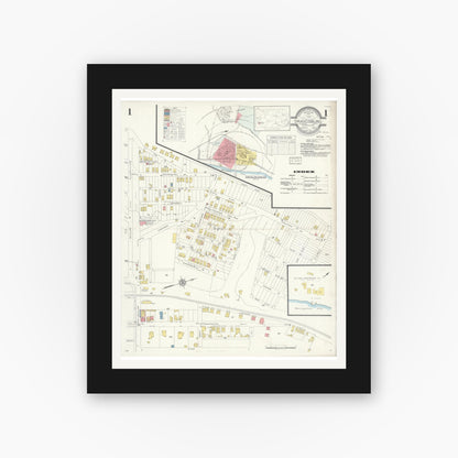 Old map wall art mockup — black gallery frame with white mat — Sanborn Fire Insurance Map from Dravosburg, Allegheny County, Pennsylvania (1933), Sheet #0001