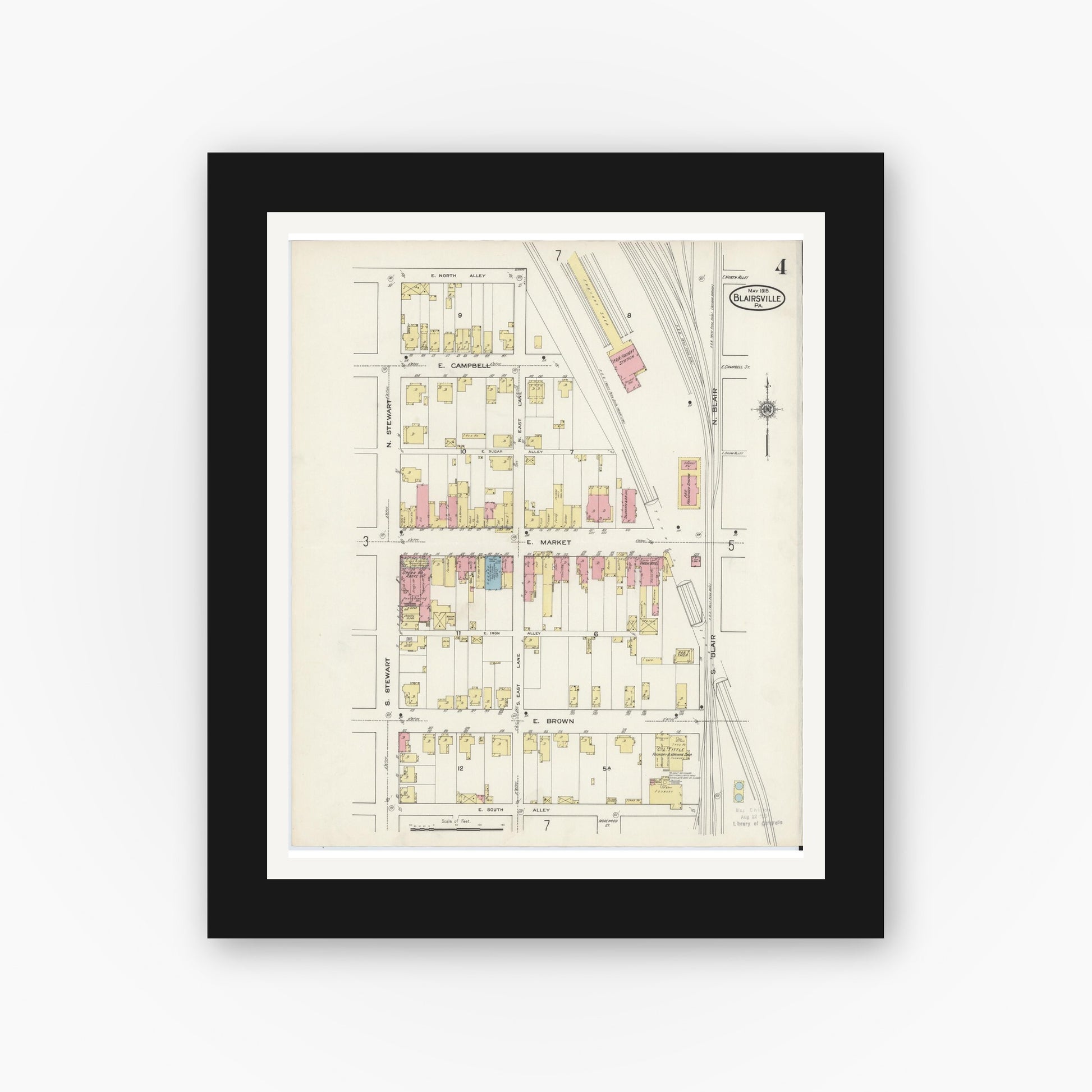 Old map wall art mockup — black gallery frame with white mat — Sanborn Fire Insurance Map from Blairsville, Indiana County, Pennsylvania (1915), Sheet #0004