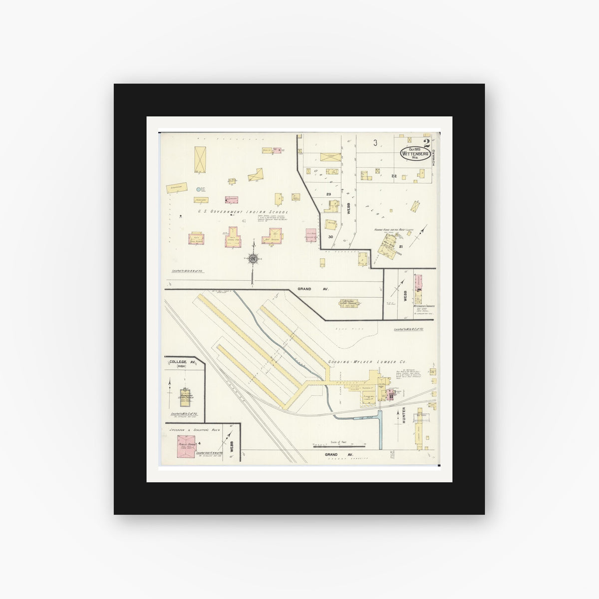 Old map wall art mockup — black gallery frame with white mat — Sanborn Fire Insurance Map from Wittenberg, Shawano County, Wisconsin (1909), Sheet #0002