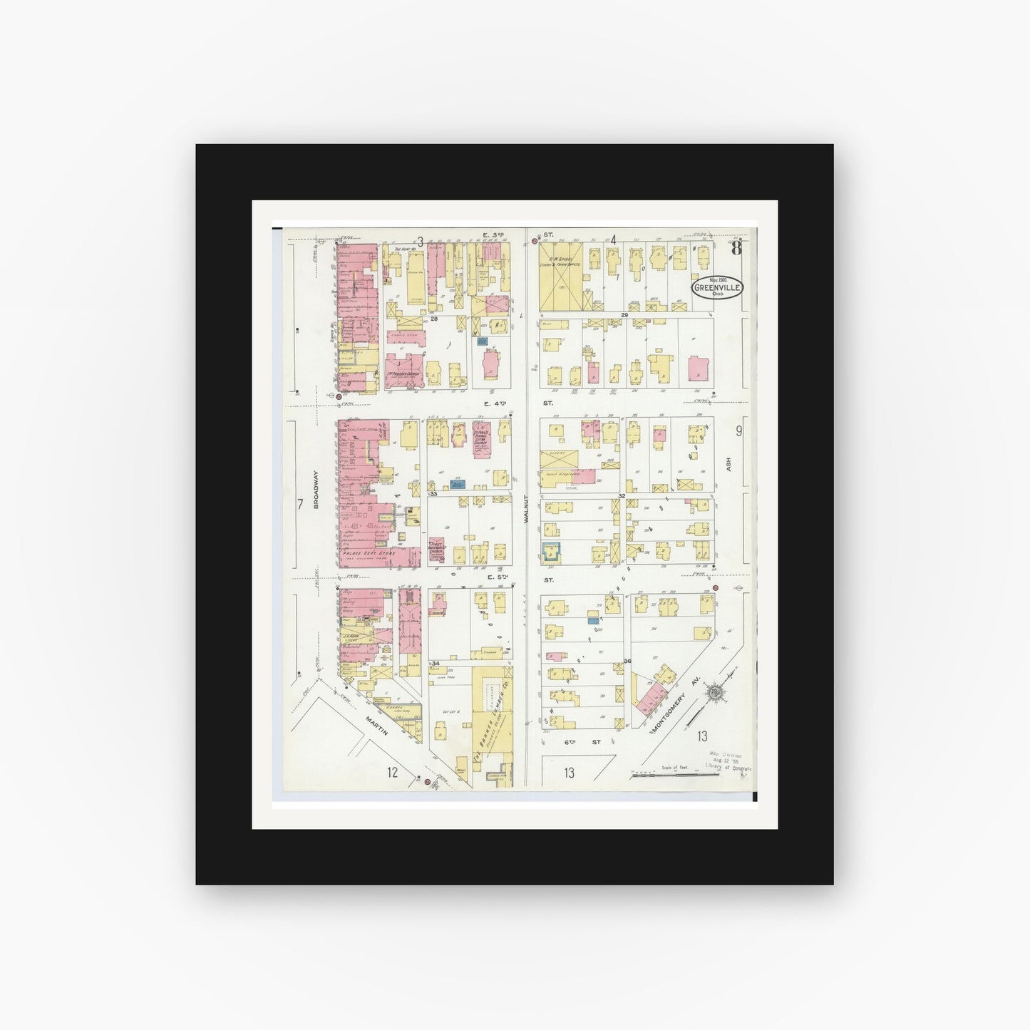 Old map wall art mockup — black gallery frame with white mat — Sanborn Fire Insurance Map from Greenville, Darke County, Ohio (1910), Sheet #0008