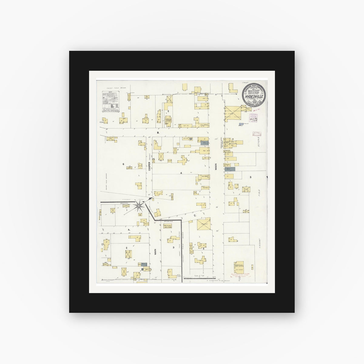 Old map wall art mockup — black gallery frame with white mat — Sanborn Fire Insurance Map from Hydesville, Humboldt County, California (1909), Sheet #0001