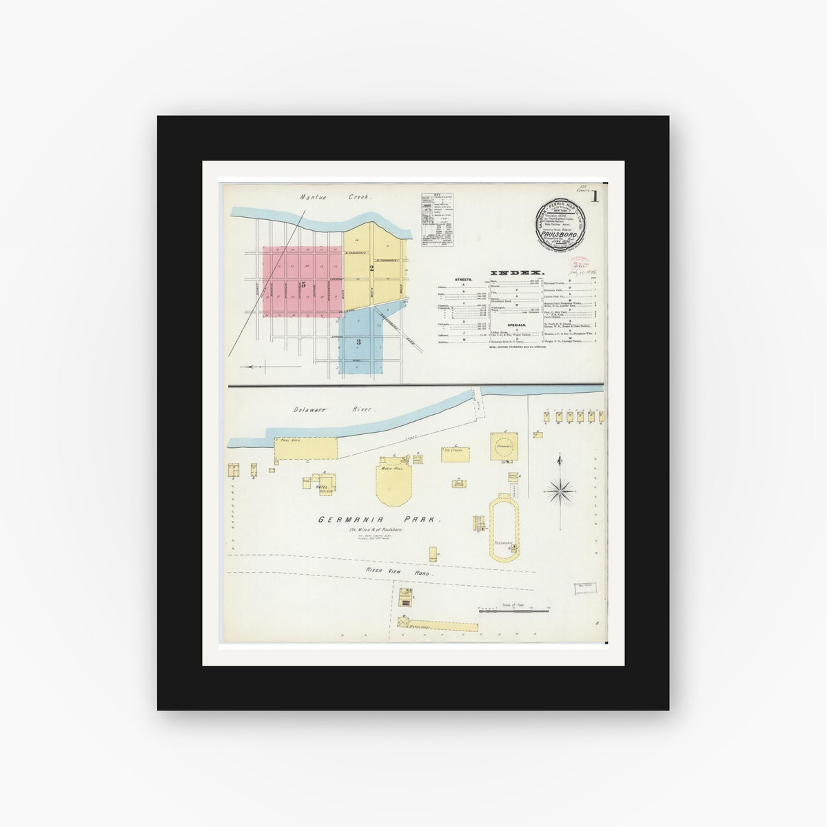 Old map wall art mockup — black gallery frame with white mat — Sanborn Fire Insurance Map from Paulsboro, Gloucester County, New Jersey (1896) - Complete Map Set