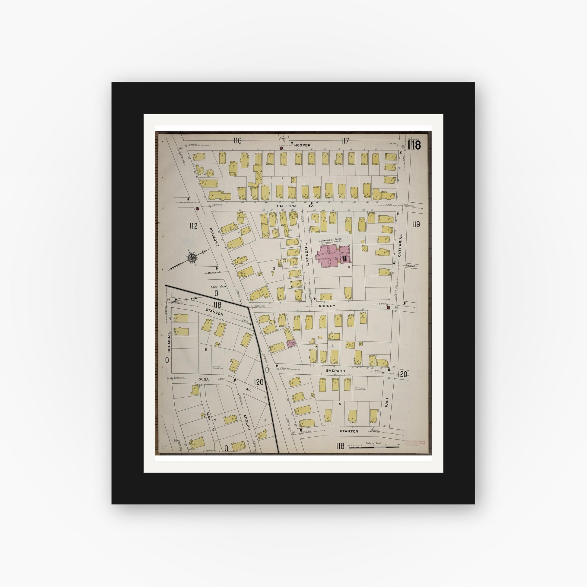Old map wall art mockup — black gallery frame with white mat — Sanborn Fire Insurance Map from Worcester, Worcester County, Massachusetts (1910), Sheet #0118