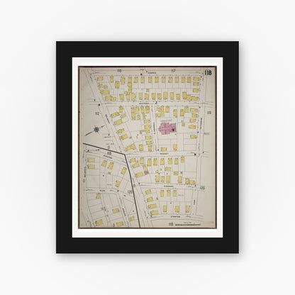 Old map wall art mockup — black gallery frame with white mat — Sanborn Fire Insurance Map from Worcester, Worcester County, Massachusetts (1910), Sheet #0118