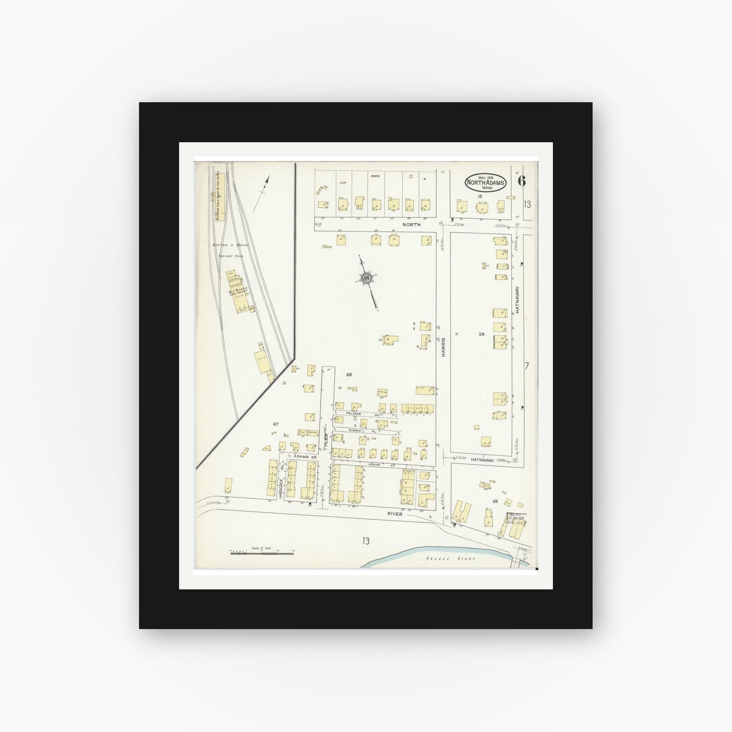 Old map wall art mockup — black gallery frame with white mat — Sanborn Fire Insurance Map from North Adams, Berkshire County, Massachusetts (1914), Sheet #0006