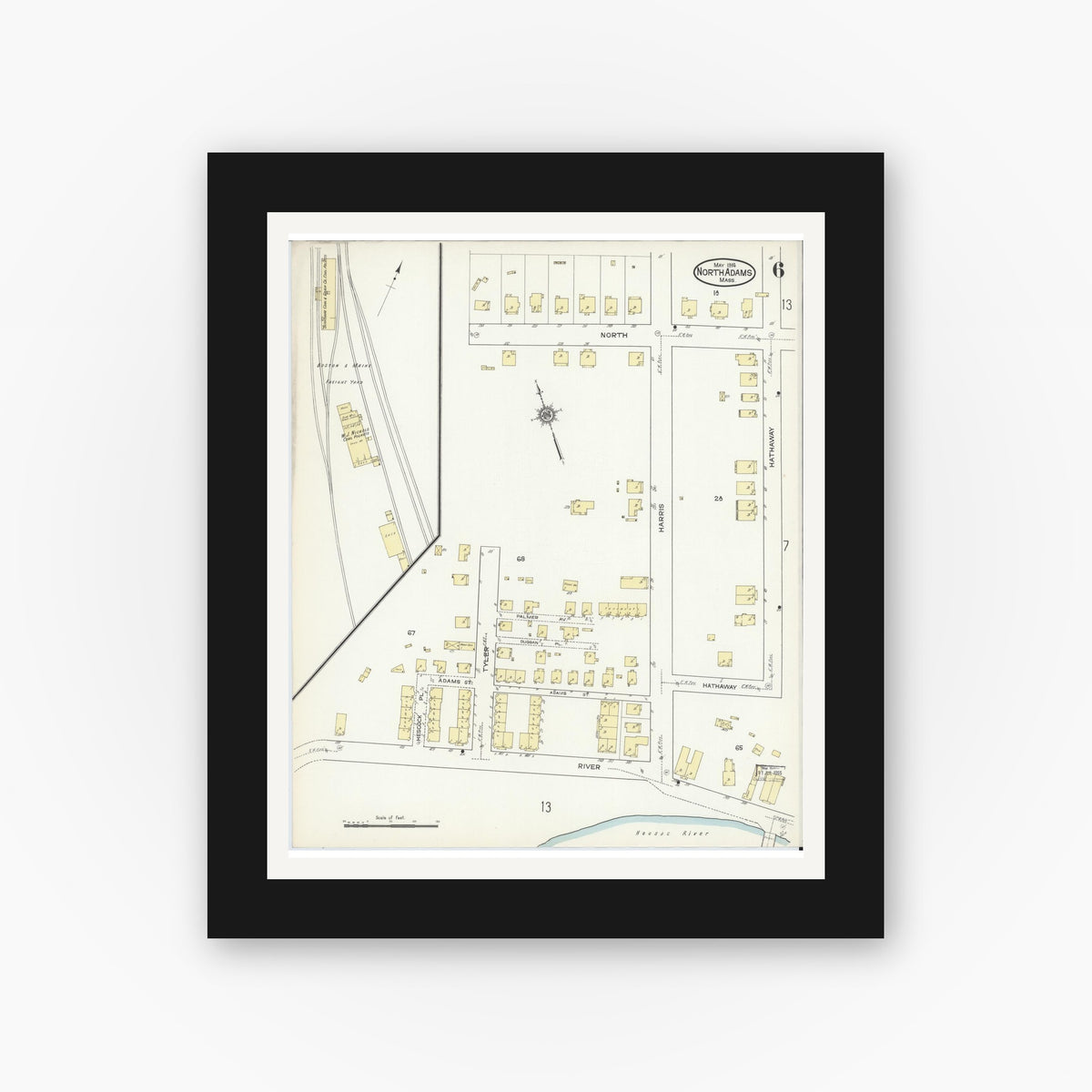 Old map wall art mockup — black gallery frame with white mat — Sanborn Fire Insurance Map from North Adams, Berkshire County, Massachusetts (1914), Sheet #0006