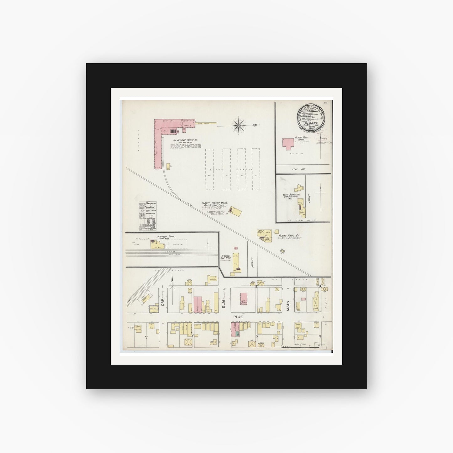 Old map wall art mockup — black gallery frame with white mat — Sanborn Fire Insurance Map from Albany, Delaware County, Indiana (1892), Sheet #0001